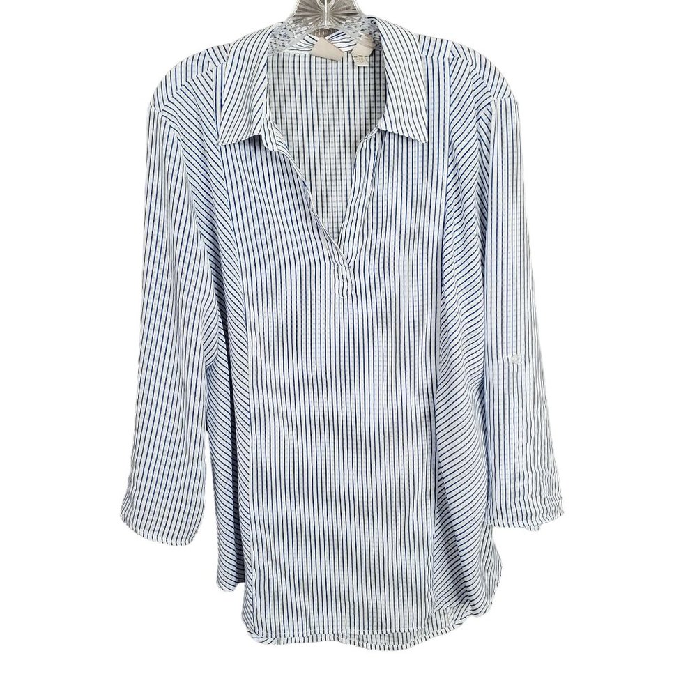 Chico's 3 Size XL Tunic Semi Shear Cover Up Pullover Striped Textured Roll Tab - Picture 2 of 14